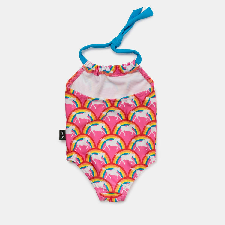 Back view of the rainbow pony sun protective swimsuit showcasing the adjustable blue halter strap ties.
