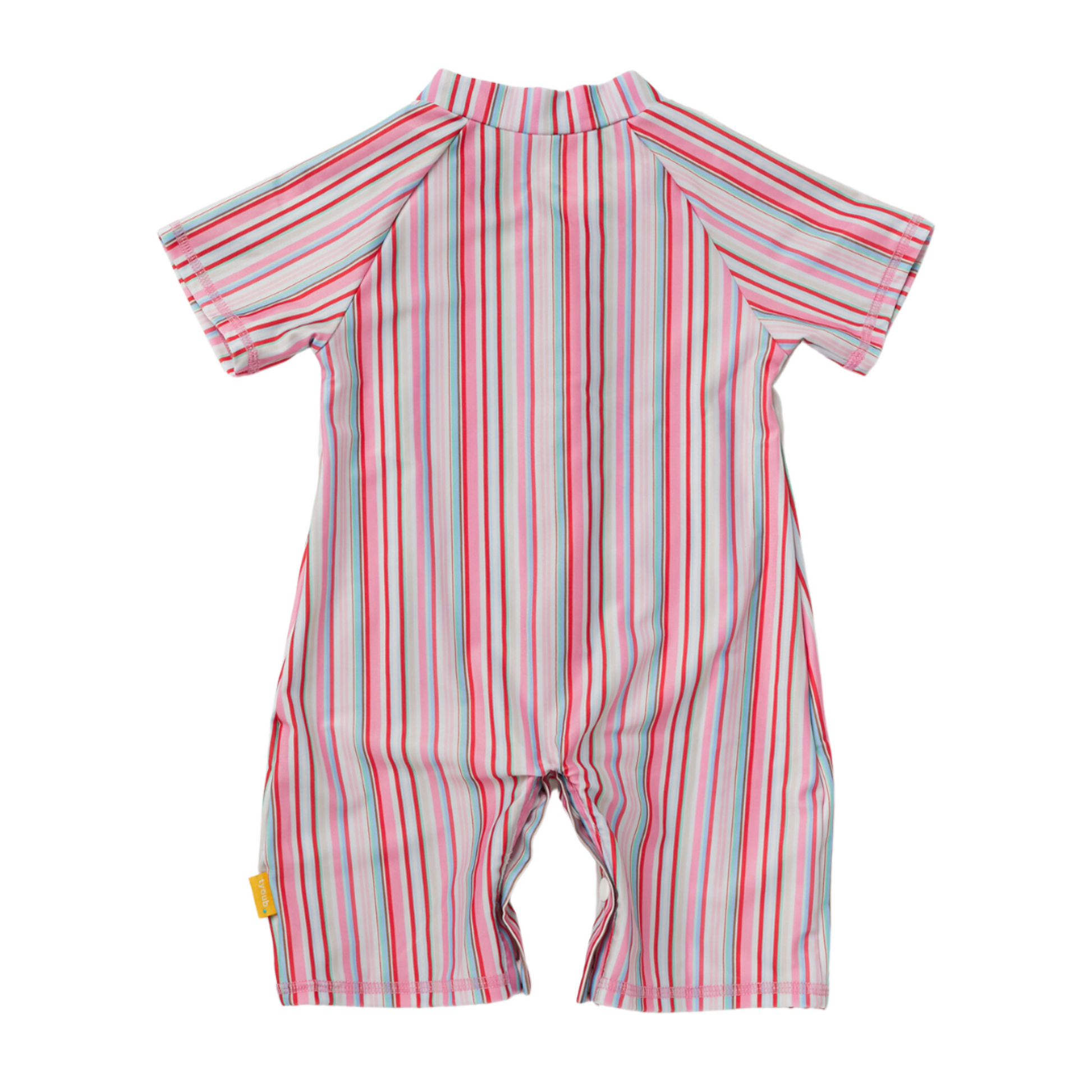 Back view of infant UPF 50 plus zip up swimsuit made from eco friendly recycled polyester fabric in gelato.