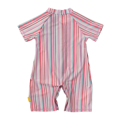 Back view of infant UPF 50 plus zip up swimsuit made from eco friendly recycled polyester fabric in gelato.
