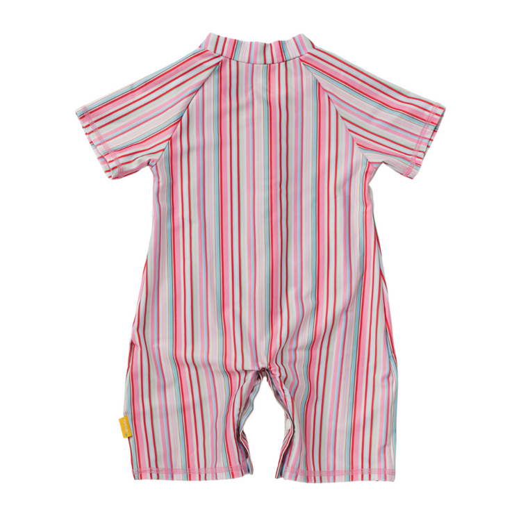 Back view of infant UPF 50 plus zip up swimsuit made from eco friendly recycled polyester fabric in gelato.