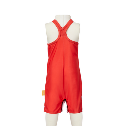 Rear view of the infant sun smart strawberry zootie swimsuit highlighting crossback straps and comfortable leg cuffs.