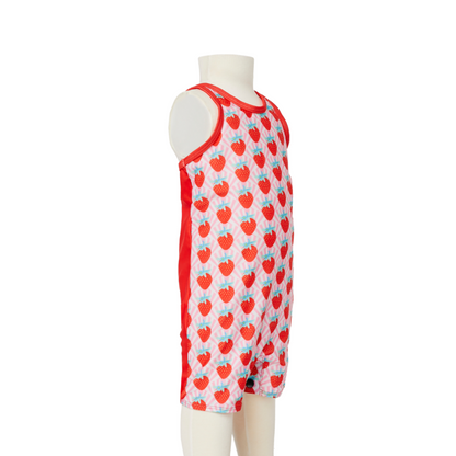 Side view of the infant sun smart strawberry zootie swimsuit showing colour transition.