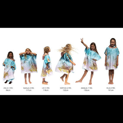 Age and growth stages fit guide illustrating the sizing overview for the kids hooded beach towel range.