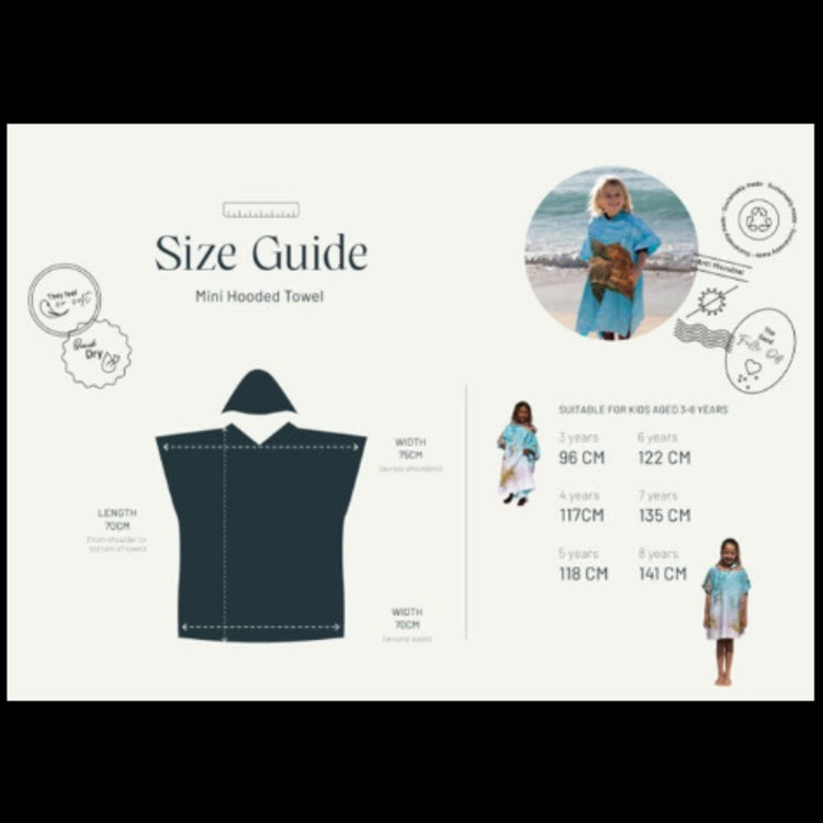 Sizing chart diagram with measurements and dimensions for the Will & Wind kids hooded mini towel range.