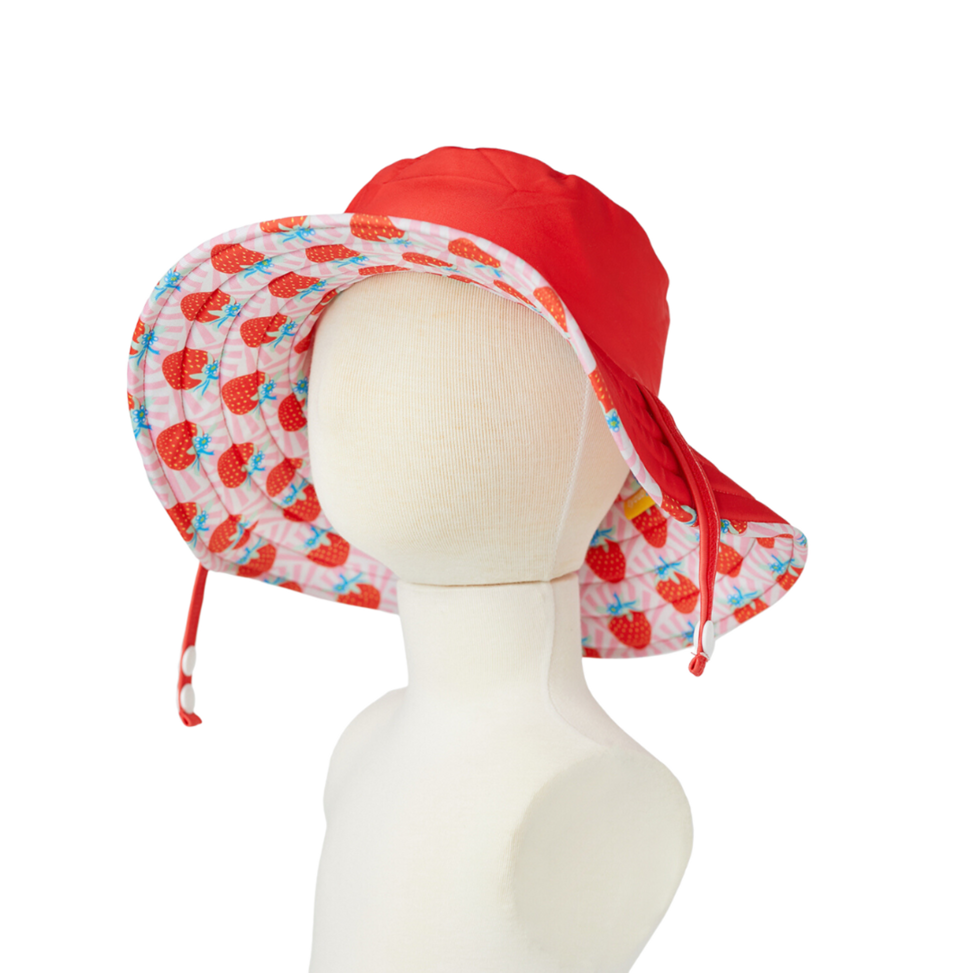 The reverse side configuration of the junior chlorine resistant swim hat displaying the coordinating solid red tone.