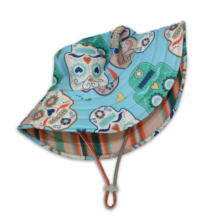 The reverse side of the kids UPF 50+ bucket hat showcasing the full multicolor serape stripe pattern layout.