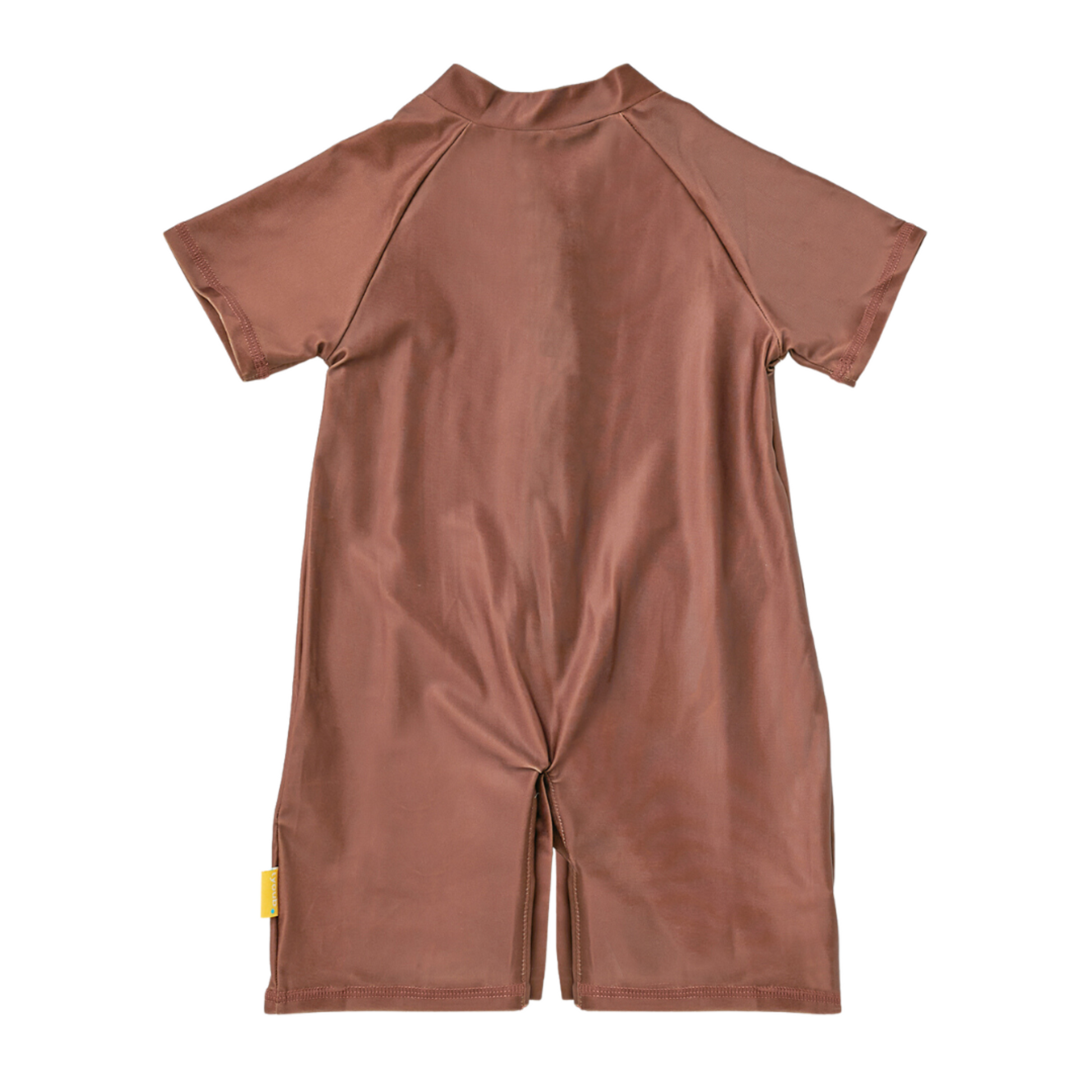 Back view of the kids short sleeve swim sunsuit showcasing complete torso coverage and durable flatlock seams.