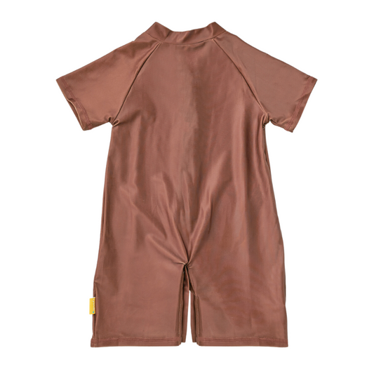 Back view of the kids short sleeve swim sunsuit showcasing complete torso coverage and durable flatlock seams.