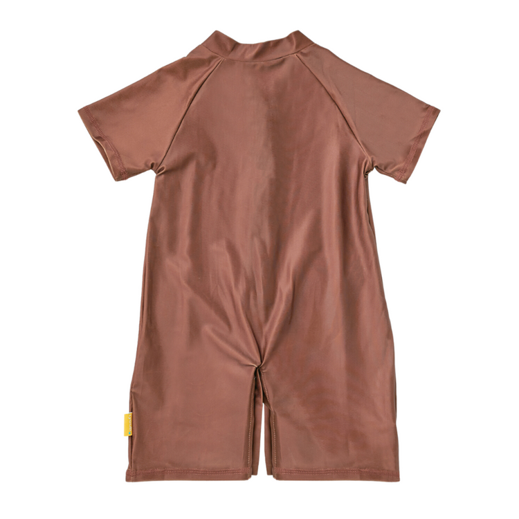 Back view of the kids short sleeve swim sunsuit showcasing complete torso coverage and durable flatlock seams.