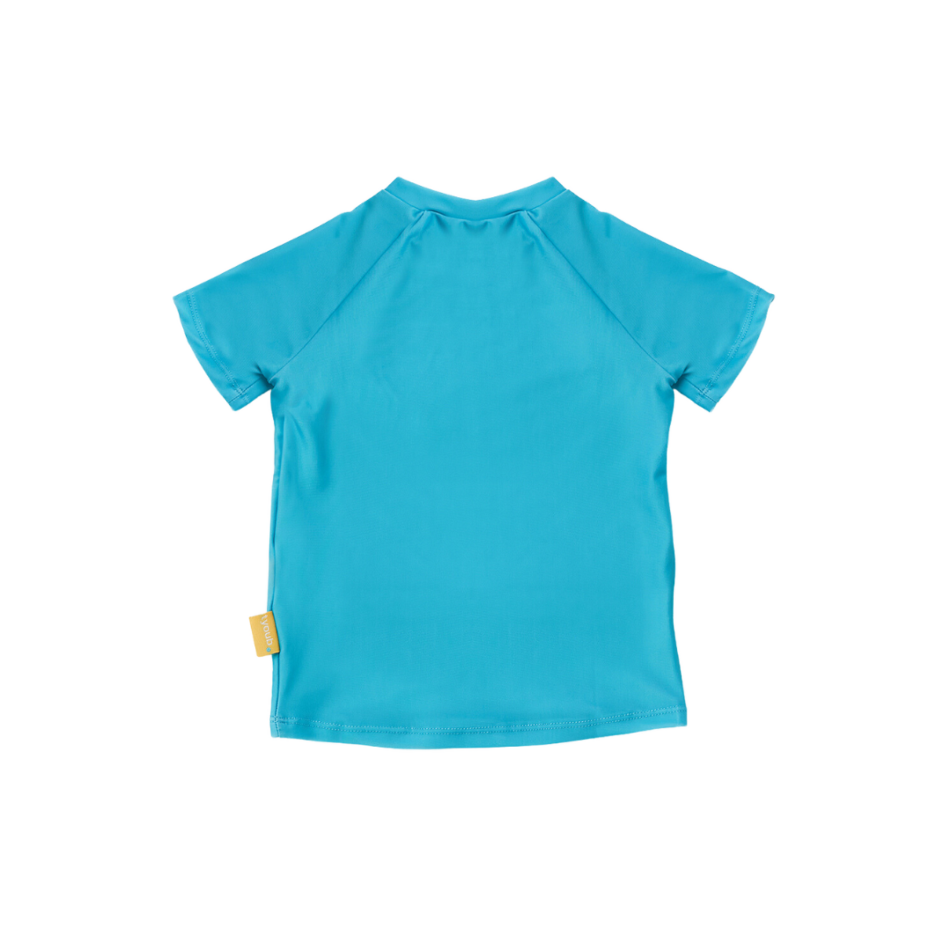 Rear view of the kids aqua rashie showing complete upper body coverage and smooth flatlock stitching.