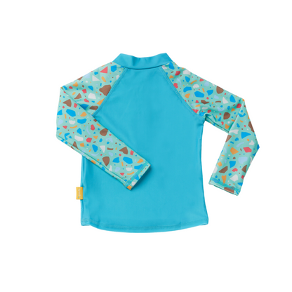 Back view of the kids UPF 50+ long sleeve swim shirt showcasing full shoulder and arm UV sun safety coverage.