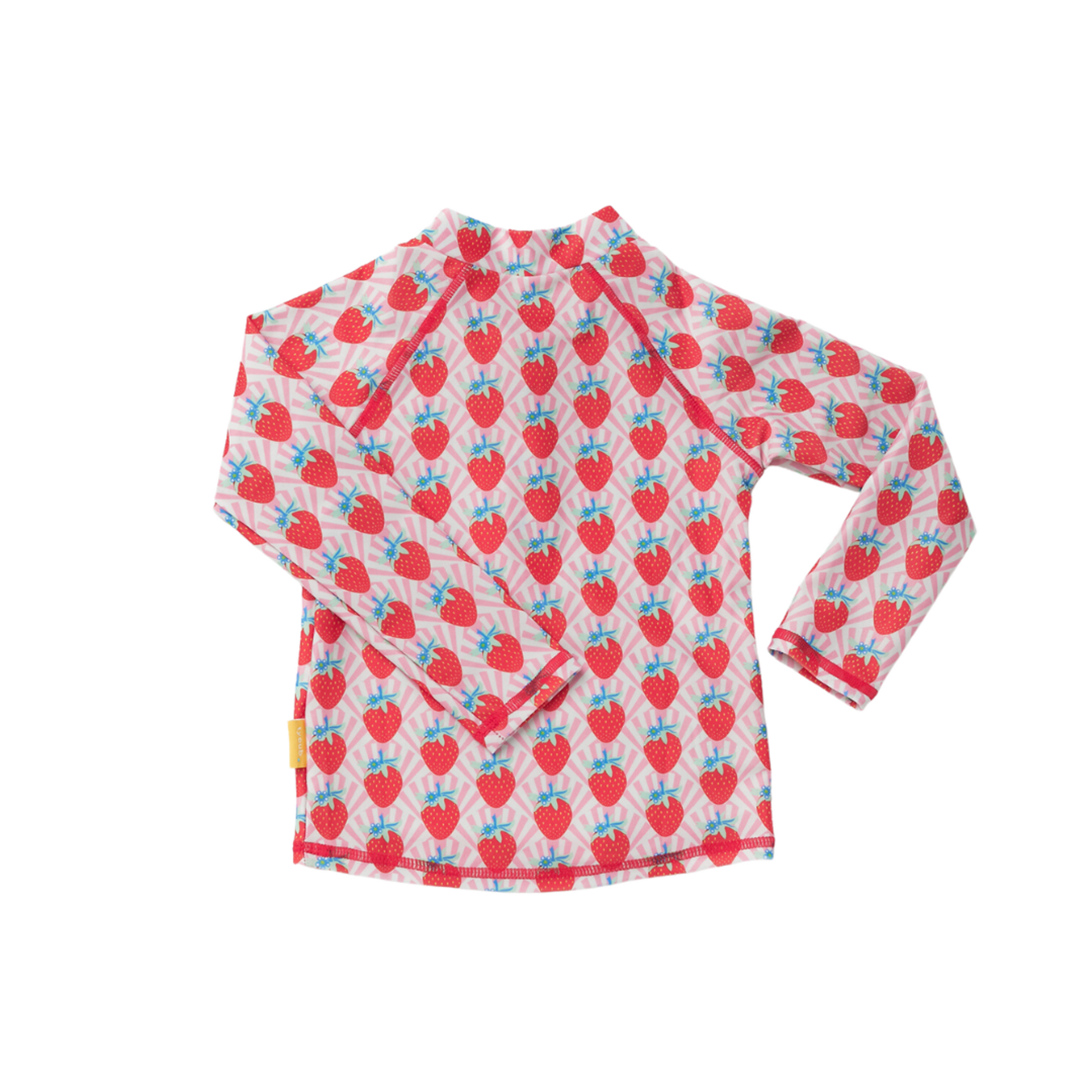 Back view of the kids long sleeve strawberry rashie showcasing full shoulder and back sun protective coverage.