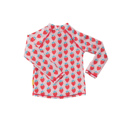 Back view of the kids long sleeve strawberry rashie showcasing full shoulder and back sun protective coverage.