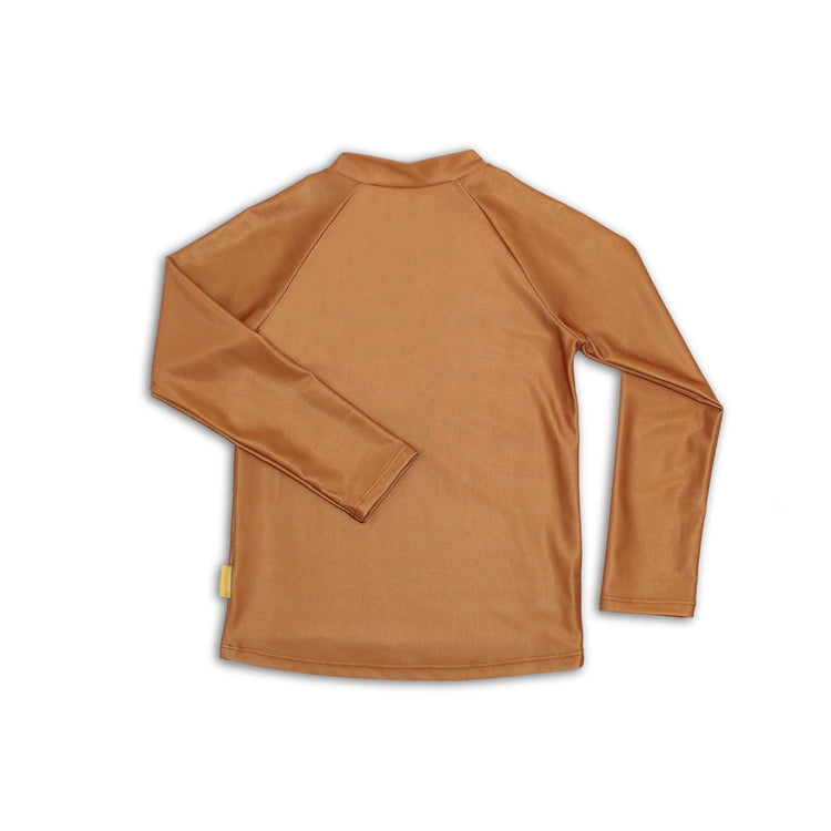 Back view of the kids UPF 50+ long sleeve terracotta swim shirt showing complete shoulder protection.