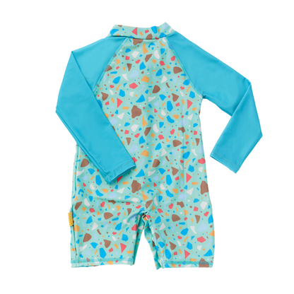 Back view of the kids one piece sunsuit showcasing complete leg, arm, and shoulder UV sun protective coverage.