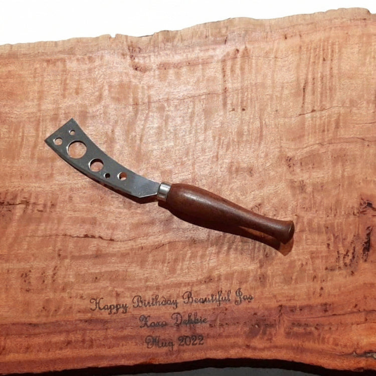 A large hand-finished recycled timber charcuterie board paired with a matching hand-turned wooden handle cheese knife, handcrafted in Australia.