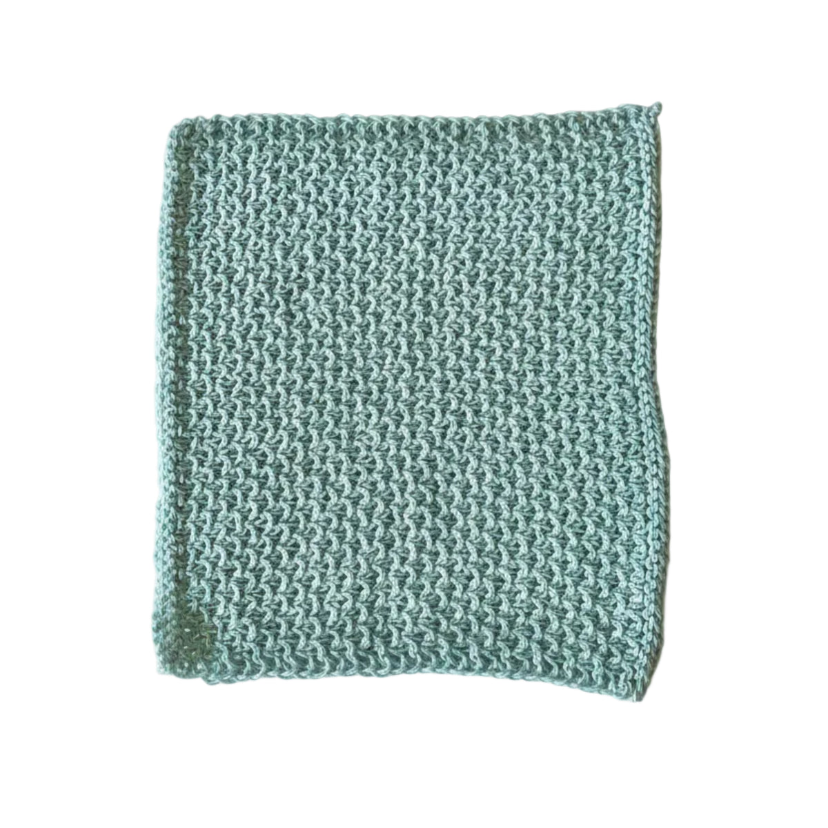 Light blue handmade knitted dishcloth made from absorbent recycled cotton for kitchen and bathroom use.