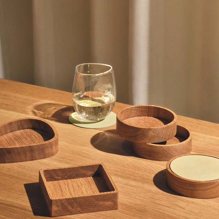 Elegant European oak wood box by LIND DNA designed for organizing glass mats and coaster sets.