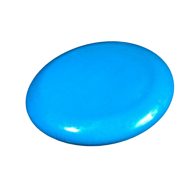 Standalone 230mm flying disc made from recycled Fijian beach waste showing vibrant, one-of-a-kind upcycled colour patterns in blue solid.