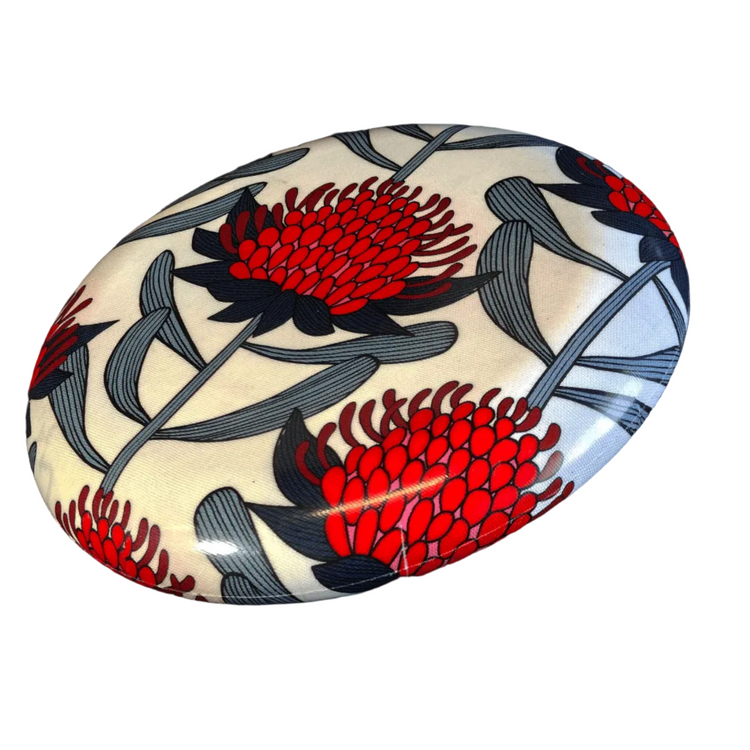 Standalone 230mm flying disc made from recycled Fijian beach waste showing vibrant, one-of-a-kind upcycled colour patterns in waratah.