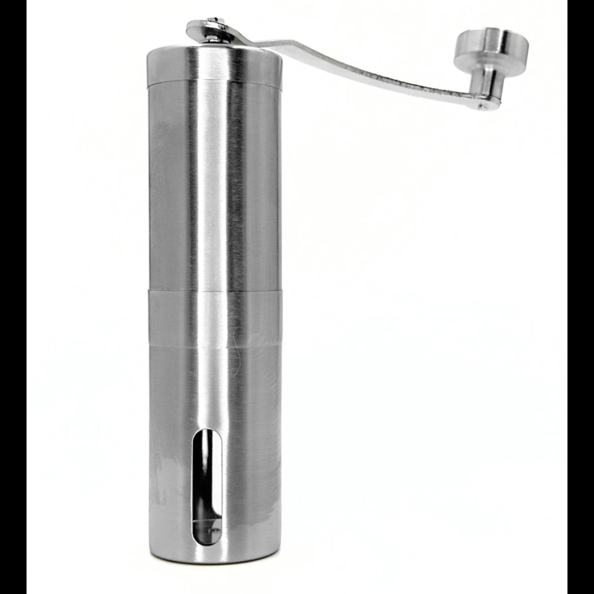 Stainless steel hand coffee grinder with an adjustable ceramic burr mill mechanism for grinding fresh espresso beans at home.