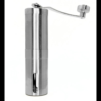 Stainless steel hand coffee grinder with an adjustable ceramic burr mill mechanism for grinding fresh espresso beans at home.