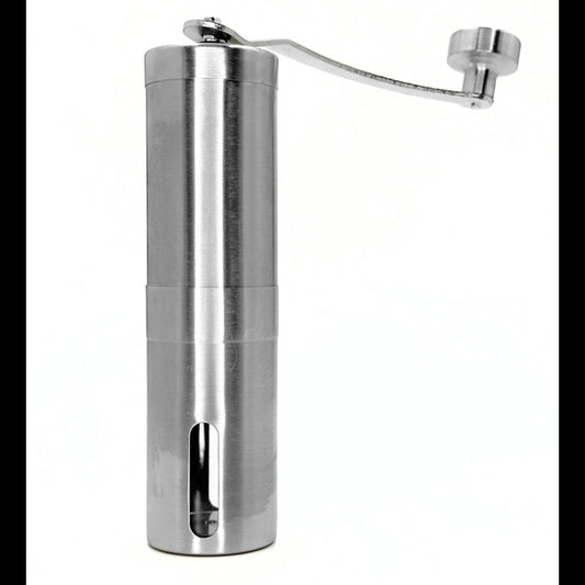Stainless steel hand coffee grinder with an adjustable ceramic burr mill mechanism for grinding fresh espresso beans at home.