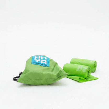 Onya 30 pack certified compostable dog waste bag refills featuring two rolls of 15 leak proof plant based pet poop bags on a white background, available in Australia.