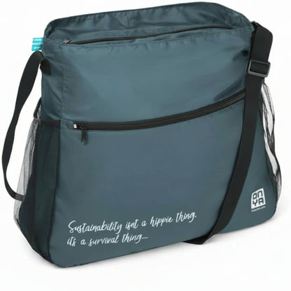 Single Onya packable crossbody side messenger bag showing an adjustable shoulder strap and spacious front compartment panel on a clean white background, available in Australia. Charcoal quote variant shown.