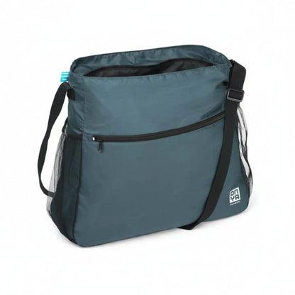Single Onya packable crossbody side messenger bag showing an adjustable shoulder strap and spacious front compartment panel on a clean white background, available in Australia. Charcoal variant shown.