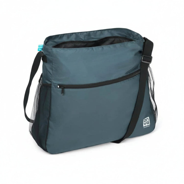 Single Onya packable crossbody side messenger bag showing an adjustable shoulder strap and spacious front compartment panel on a clean white background, available in Australia. Charcoal variant shown.