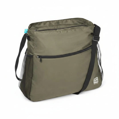 Single Onya packable crossbody side messenger bag showing an adjustable shoulder strap and spacious front compartment panel on a clean white background, available in Australia. Olive  variant shown.