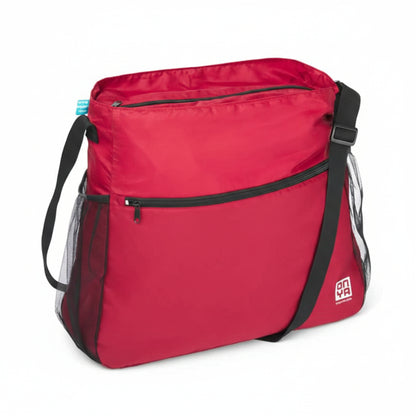 Single Onya packable crossbody side messenger bag showing an adjustable shoulder strap and spacious front compartment panel on a clean white background, available in Australia. Red variant shown.