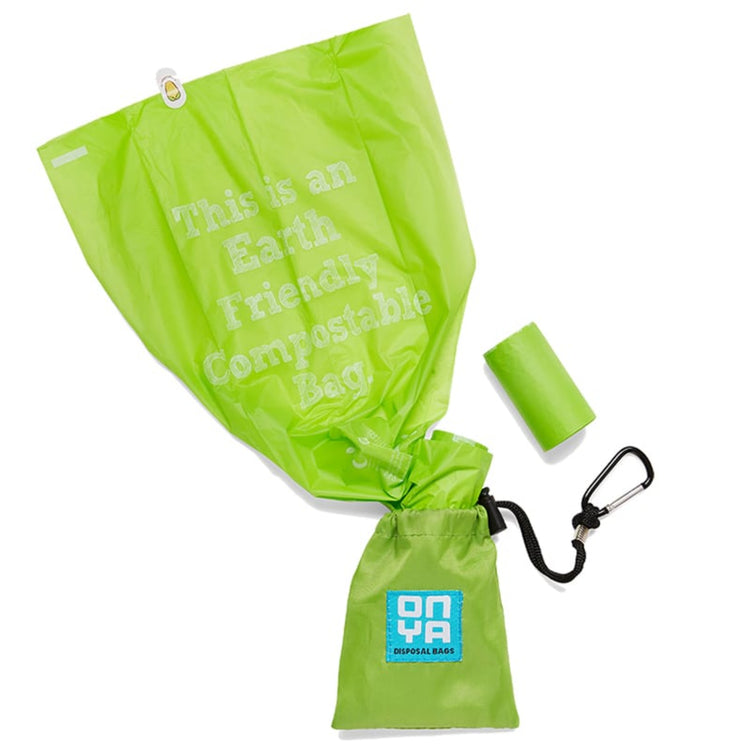 Onya dog waste disposal bags and fabric carry pouch combo kit featuring a durable carabiner clip and compostable poop bag roll on a white background, available in Australia in apple.
