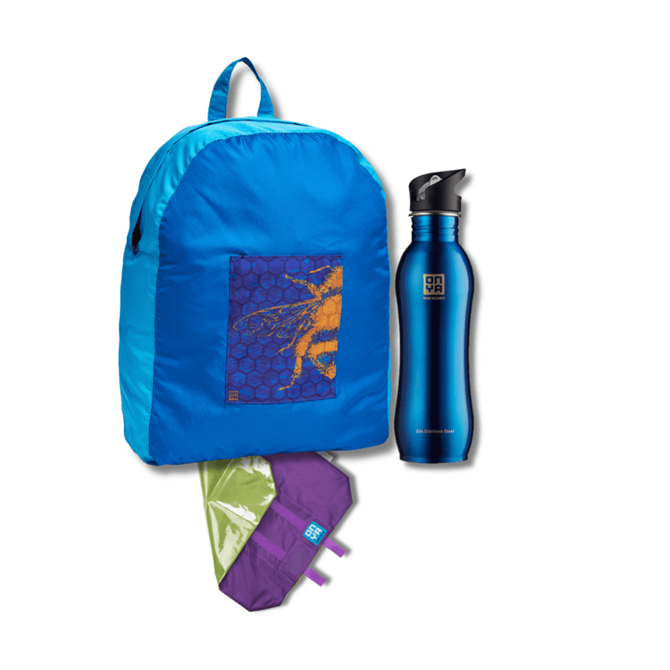 Onya reusable everyday kit featuring a colour matched foldable backpack, a 1000ml stainless steel drink bottle, and a reusable sandwich wrap on a clean white background, available in Australia everyday blue variant.