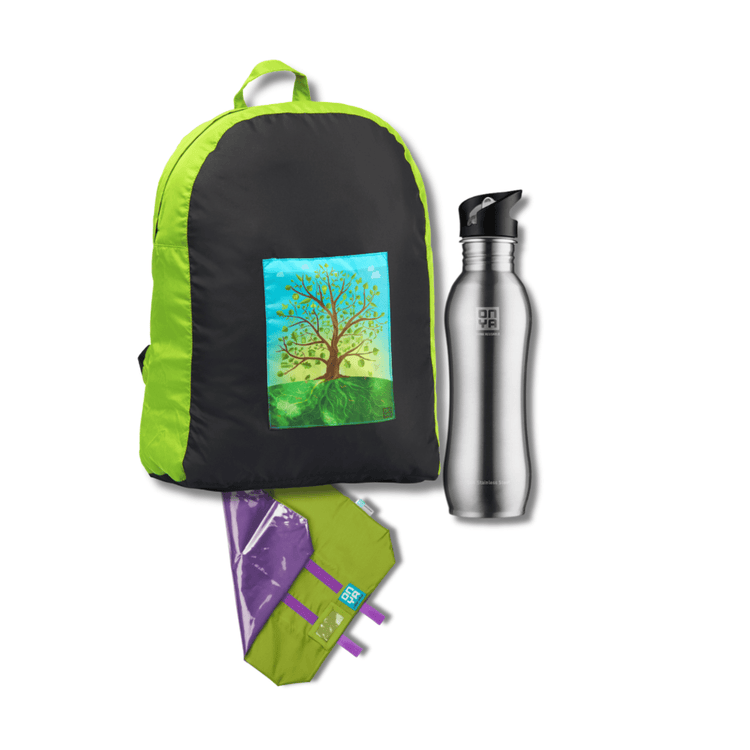Onya reusable everyday kit featuring a colour matched foldable backpack, a 1000ml stainless steel drink bottle, and a reusable sandwich wrap on a clean white background, available in Australia everyday green variant.