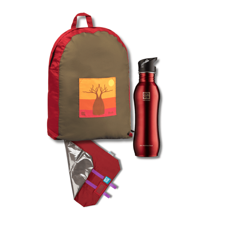 Onya reusable everyday kit featuring a colour matched foldable backpack, a 1000ml stainless steel drink bottle, and a reusable sandwich wrap on a clean white background, available in Australia everyday red variant.