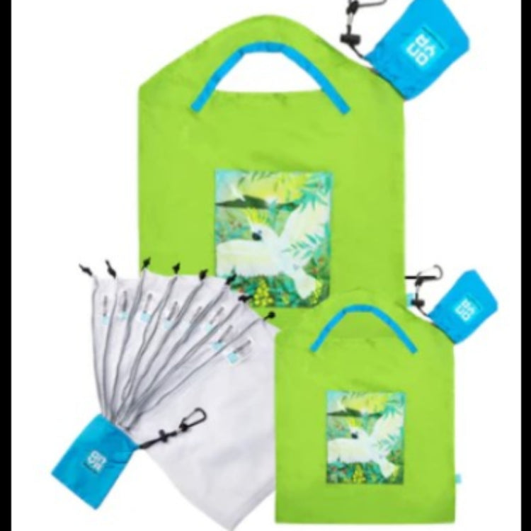 Onya everyday shopping kit featuring one large bag, one small bag, and an eight pack of mesh produce bags made from recycled drink bottles, available in Australia in apple green.
