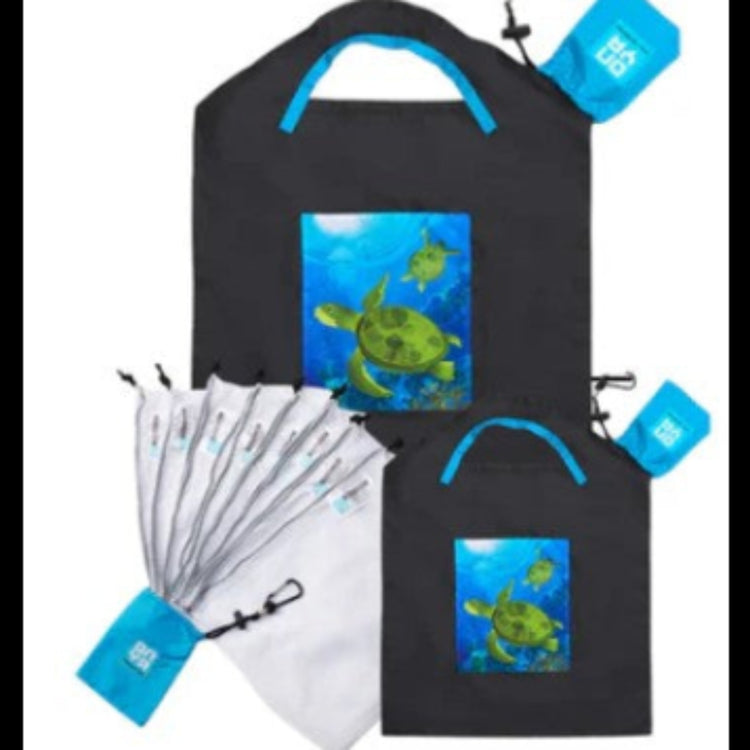 Onya everyday shopping kit featuring one large bag, one small bag, and an eight pack of mesh produce bags made from recycled drink bottles, available in Australia in black.
