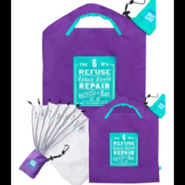 Onya everyday shopping kit featuring one large bag, one small bag, and an eight pack of mesh produce bags made from recycled drink bottles, available in Australia in purple.