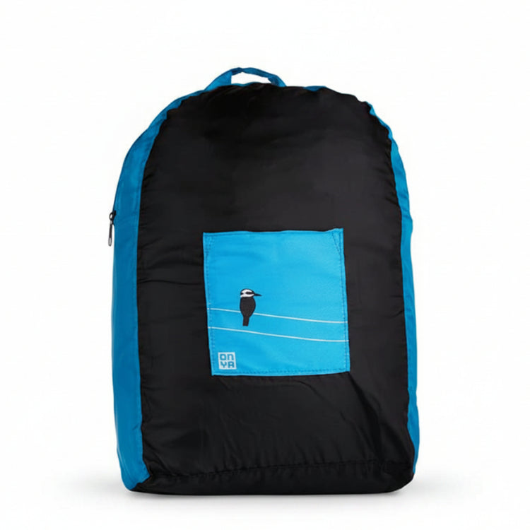 Onya foldable reusable backpack with padded shoulder straps standing with compact integrated keyring storage pouch on a clean white background, available in Australia in kookaburra variant.