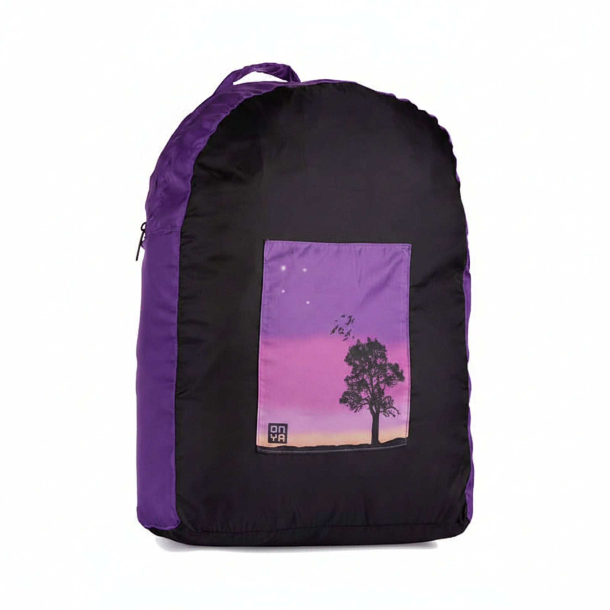 Onya foldable reusable backpack with padded shoulder straps standing with compact integrated keyring storage pouch on a clean white background, available in Australia in sunset variant.
