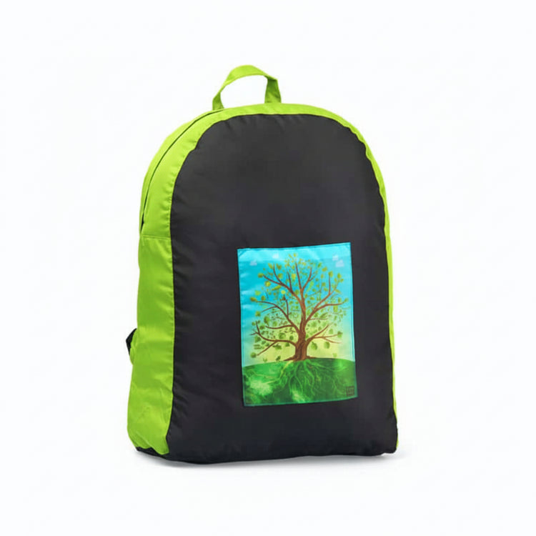 Onya foldable reusable backpack with padded shoulder straps standing with compact integrated keyring storage pouch on a clean white background, available in Australia in tree of life variant.