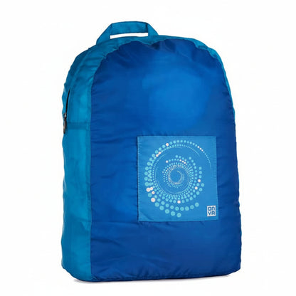Onya foldable reusable backpack with padded shoulder straps standing with compact integrated keyring storage pouch on a clean white background, available in Australia in whirlpool  variant.