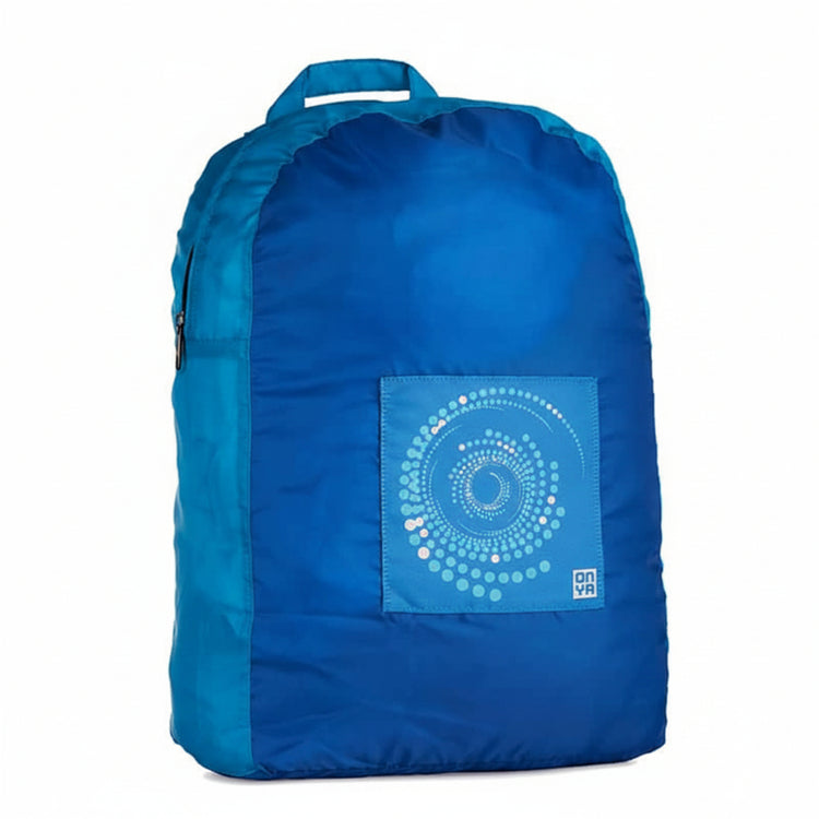 Onya foldable reusable backpack with padded shoulder straps standing with compact integrated keyring storage pouch on a clean white background, available in Australia in whirlpool  variant.