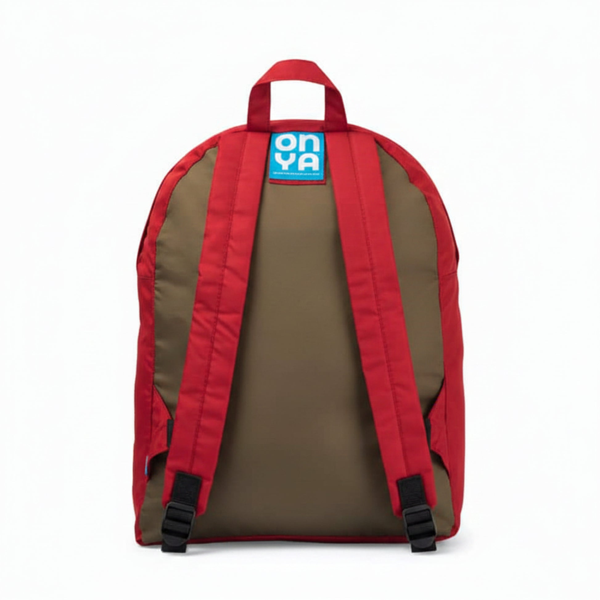 Onya foldable reusable backpack with padded shoulder straps standing with compact integrated keyring storage pouch on a clean white background, available in Australia showing back view.