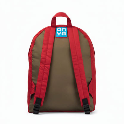 Onya foldable reusable backpack with padded shoulder straps standing with compact integrated keyring storage pouch on a clean white background, available in Australia showing back view.
