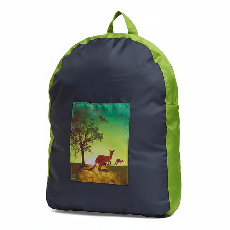 Onya foldable reusable backpack with padded shoulder straps standing with compact integrated keyring storage pouch on a clean white background, available in Australia in bush life.