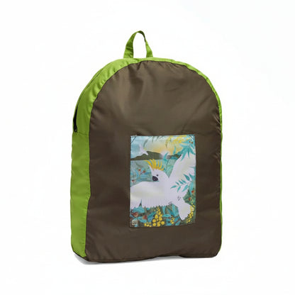 Onya foldable reusable backpack with padded shoulder straps standing with compact integrated keyring storage pouch on a clean white background, available in Australia in cockatoo variant.