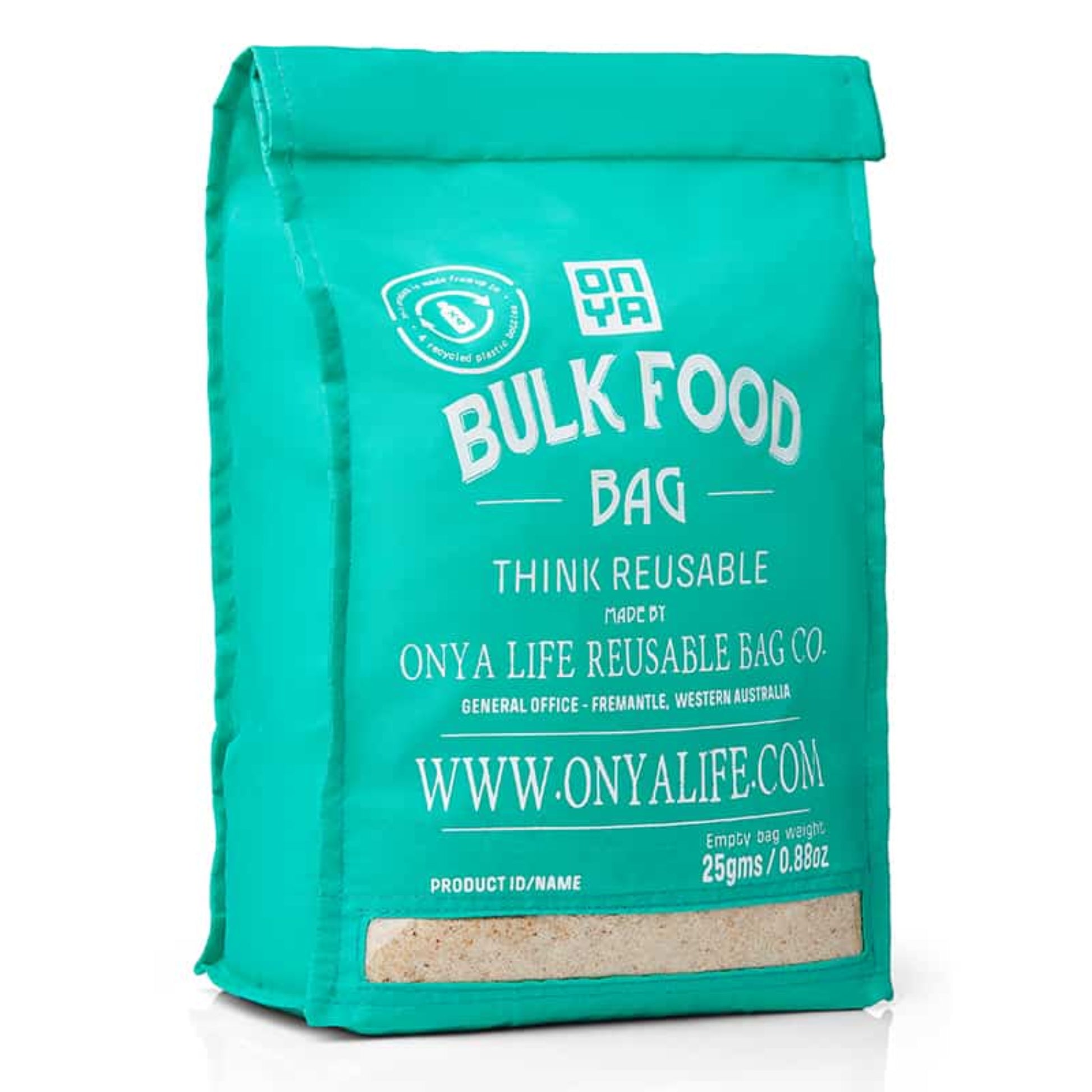 Single Onya large reusable bulk food bag with a clear viewing window and printed tare weight on a clean white background, available in Australia in aqua variant.